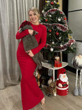 Mumsmode Zwangerchaps Maxi Strakke Jurke Kerstmis Ronde Hals Rood