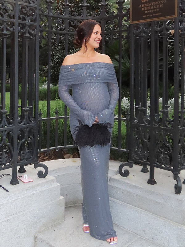 Mumsmode Zwangerchaps Maxi Fotoshoot Jurken Pailletten Boot Nek Flare Mouw Grijs