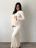 Mumsmode Zwangerchaps Maxi Fotoshoot Jurken Elegant Breien Sjerpen Flare Mouw Beige