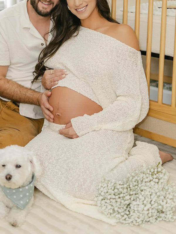 Mumsmode Zwangerchaps Maxi Fotoshoot Jurken Off Shoulder 2-in-1 Boot Nek Beige