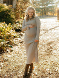 Mumsmode Zwangerchaps Maxi Fotoshoot Elegant Jurken Gestreept Ronde Hals Flare Mouw Lichtgroen