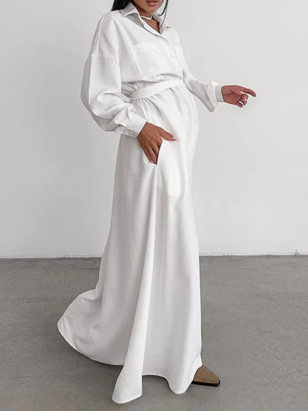 Mumsmode Zwangerchaps Maxi Fotoshoot Elegant Jurken Riem Zijsplit Enkele Borst Omgeslagen Kraag Wit