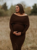 Mumsmode Zwangerchaps Maxi Fotoshoot Jurken Elegant Boot Nek Bruin