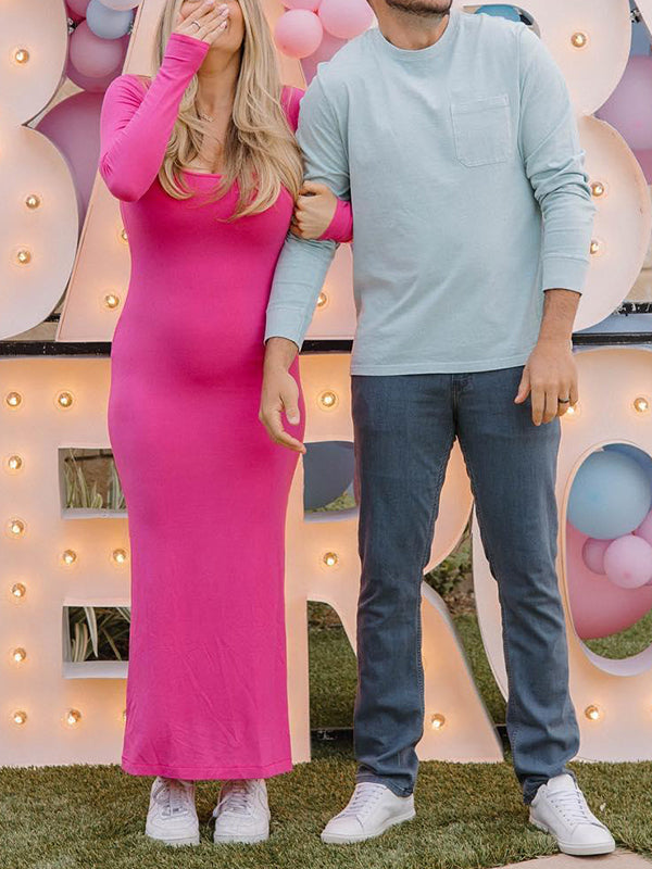 Mumsmode Zwangerchaps Maxi BabyShower Jurken Elegant Vierkante Hals Roze
