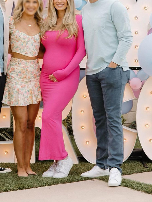 Mumsmode Zwangerchaps Maxi BabyShower Jurken Elegant Vierkante Hals Roze