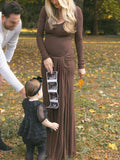 Mumsmode Zwangerchaps Maxi Fotoshoot Jurken Elegant Riem Ronde Hals Bruin