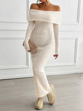 Mumsmode Zwangerchaps Maxi Sweater Jurken Elegant Off Shoulder Vlinderdas Breien Boot Nek Abrikoos