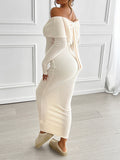 Mumsmode Zwangerchaps Maxi Sweater Jurken Elegant Off Shoulder Vlinderdas Breien Boot Nek Abrikoos