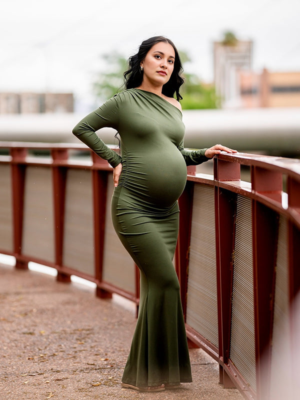 Mumsmode Zwangerchaps Maxi Wikkel Jurken Elegant Gekreukt Zeemeermin Legergroen