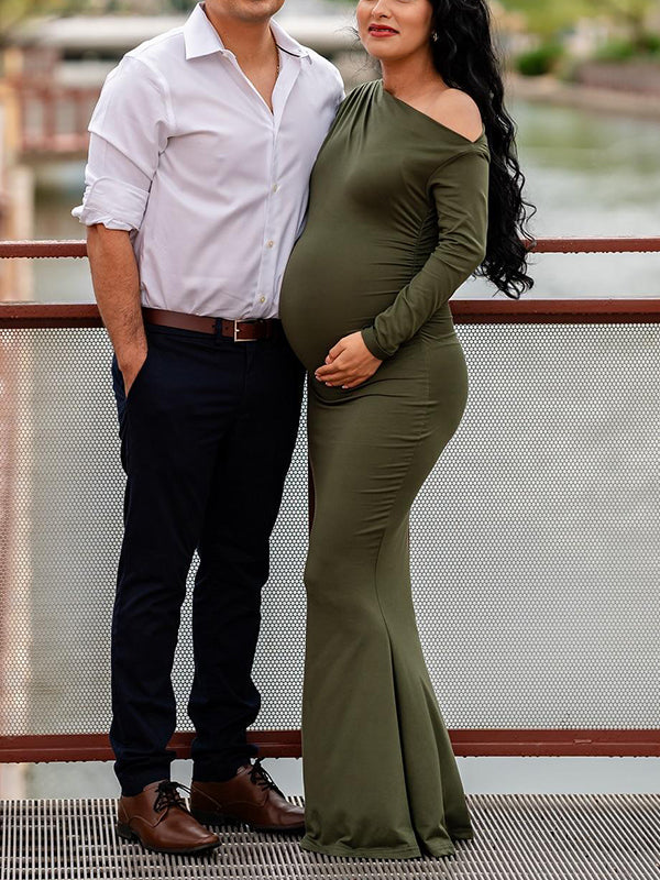 Mumsmode Zwangerchaps Maxi Wikkel Jurken Elegant Gekreukt Zeemeermin Legergroen