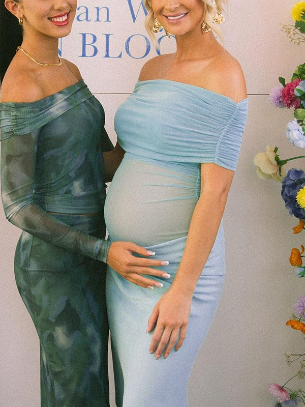 Mumsmode Zwangerchaps Maxi BabyShower Jurken Elegant Gekreukt Boot Nek Hemelsblauw
