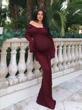 Mumsmode Zwangerschaps Bodycon Jurken Elegant Gekreukt Knooppunt Off Shoulder Zeemeermin Maxi Jurken