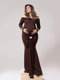 Mumsmode Zwangerschaps Fotoshoot Jurken Elegant Bezet Bodycon Gekreukt Knooppunt Off Shoulder Maxi Jurken