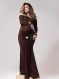 Mumsmode Zwangerschaps Fotoshoot Jurken Elegant Bezet Bodycon Gekreukt Knooppunt Off Shoulder Maxi Jurken