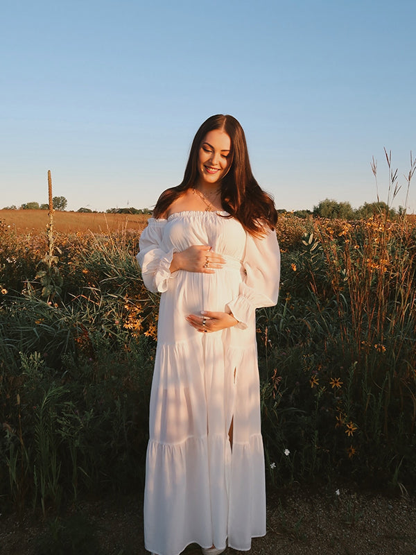 Mumsmode Zwangerschaps Daily Jurken Boheems Fotoshoot Ruches Zijsplit Off Shoulder Maxi Jurken