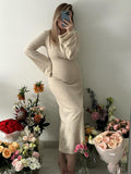 Mumsmode Zwangerschaps Bodycon Jurken Elegant Dagelijks Gebreide Harig Flare Mouw Maxi Fotoshoot Jurken