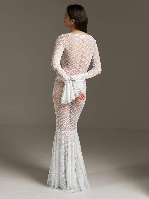 Mumsmode Zwangerschaps Kanten Jurken Elegant Fotoshoot Transparant Zeemeermin Bodycon Maxi Jurken