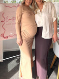 Mumsmode Zwangerchaps Maxi BabyShower Jurken Elegant Vlinderdas Gekreukt Abrikoos