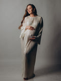 Mumsmode Zwangerchaps Maxi Fotoshoot Jurken Elegant Gekreukt Koord Flare Mouw Abrikoos