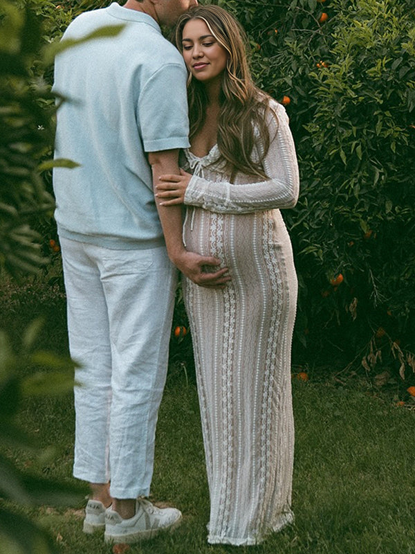 Mumsmode Zwangerchaps Maxi Fotoshoot Jurk Elegant Kanten Spaghetti 2-in-1 V-hals Wit