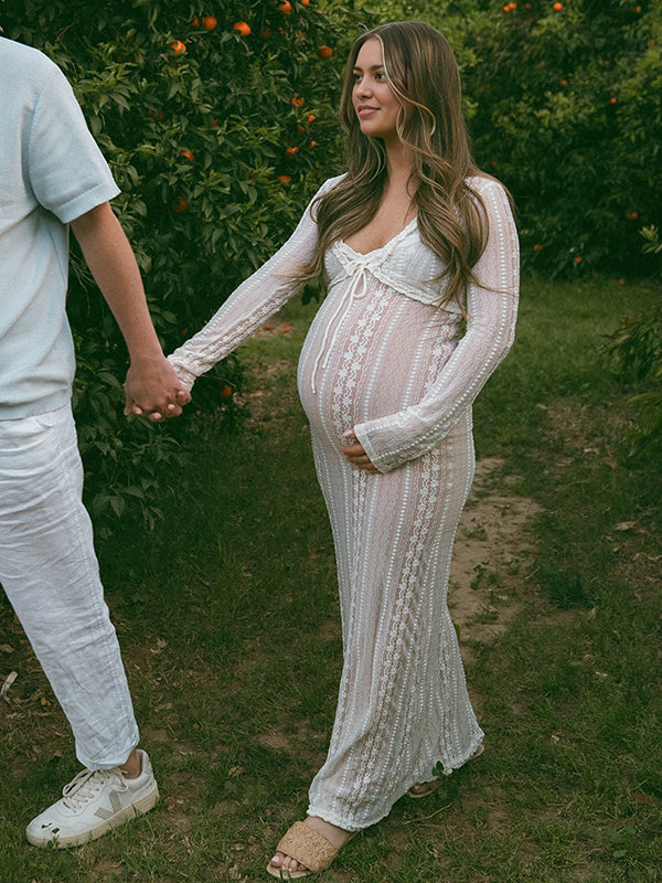 Mumsmode Zwangerchaps Maxi Fotoshoot Jurk Elegant Kanten Spaghetti 2-in-1 V-hals Wit
