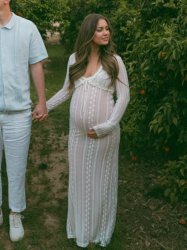 Mumsmode Zwangerchaps Maxi Fotoshoot Jurk Elegant Kanten Spaghetti 2-in-1 V-hals Wit