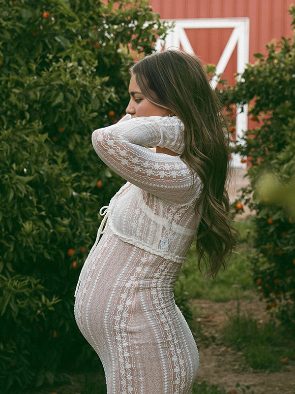 Mumsmode Zwangerchaps Maxi Fotoshoot Jurk Elegant Kanten Spaghetti 2-in-1 V-hals Wit