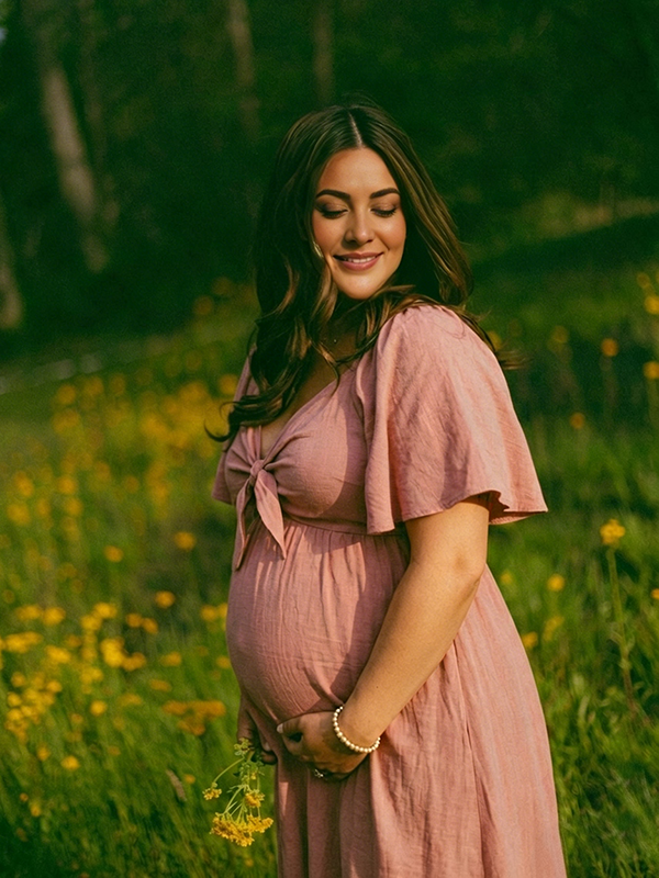 Mumsmode Effen Zwangerschaps Maxi Jurk Strik Vlindermouwen V-Hals Losvallend Babyshower Fotoshoot