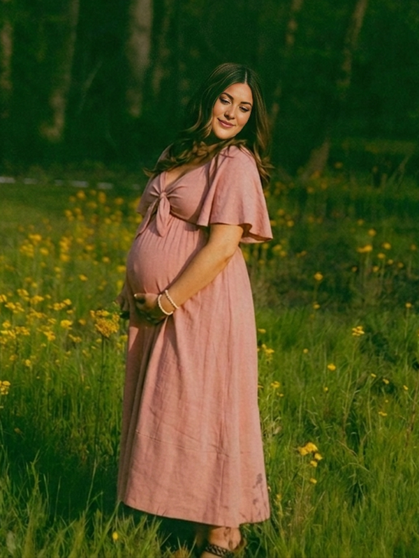 Mumsmode Effen Zwangerschaps Maxi Jurk Strik Vlindermouwen V-Hals Losvallend Babyshower Fotoshoot