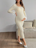 Mumsmode Zwangerchaps Midi Sweater Jurken U-hals Lange Mouw Elegant Abrikoos