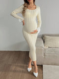 Mumsmode Zwangerchaps Midi Sweater Jurken U-hals Lange Mouw Elegant Abrikoos