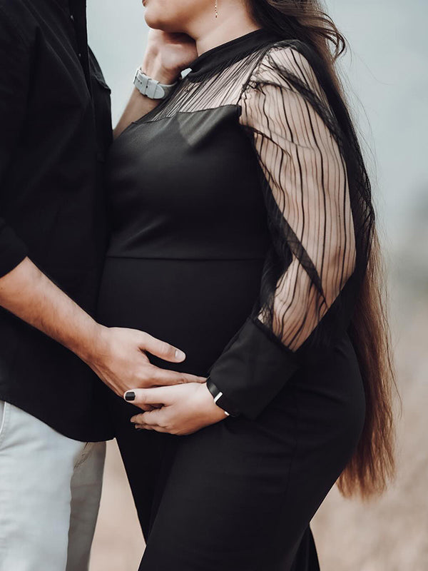 Mumsmode Zwangerchap Bodycon Jurken Elegant Ceremonie Tule Patchwork Transparent Zijsplit Midi Jurken
