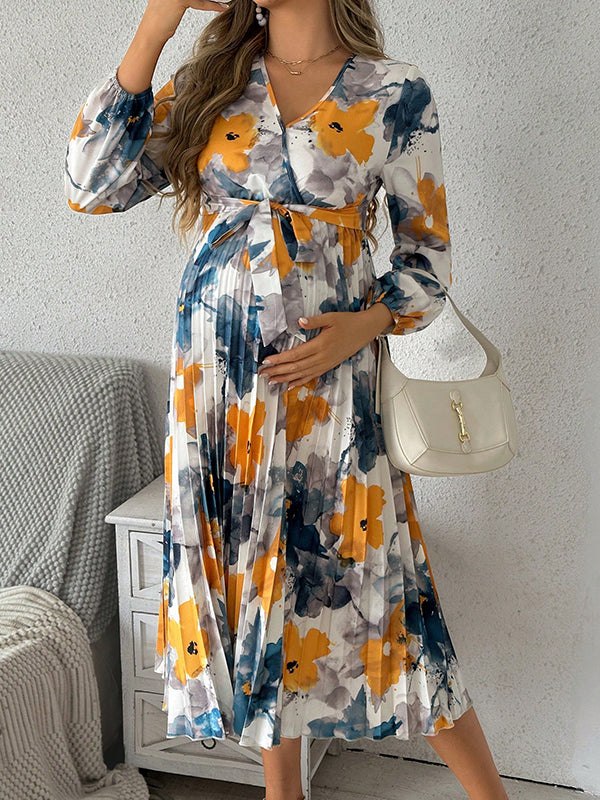 Mumsmode Zwangerschaps Bloemen Jurken Elegant Ceremonie Bloemenprint Riem Geplooid Midi Jurken