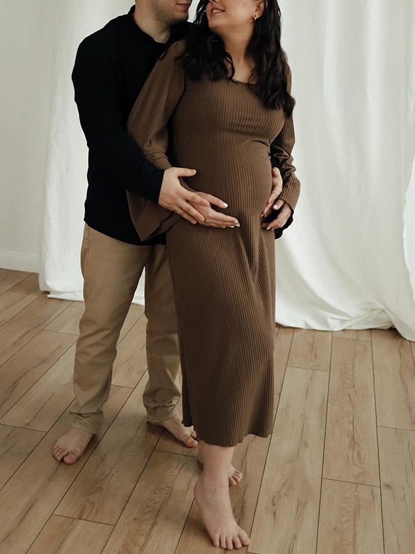 Mumsmode Zwangerchaps Midi Fotoshoot Jurken Elegant Gebonden rug Flare Mouw Bruin