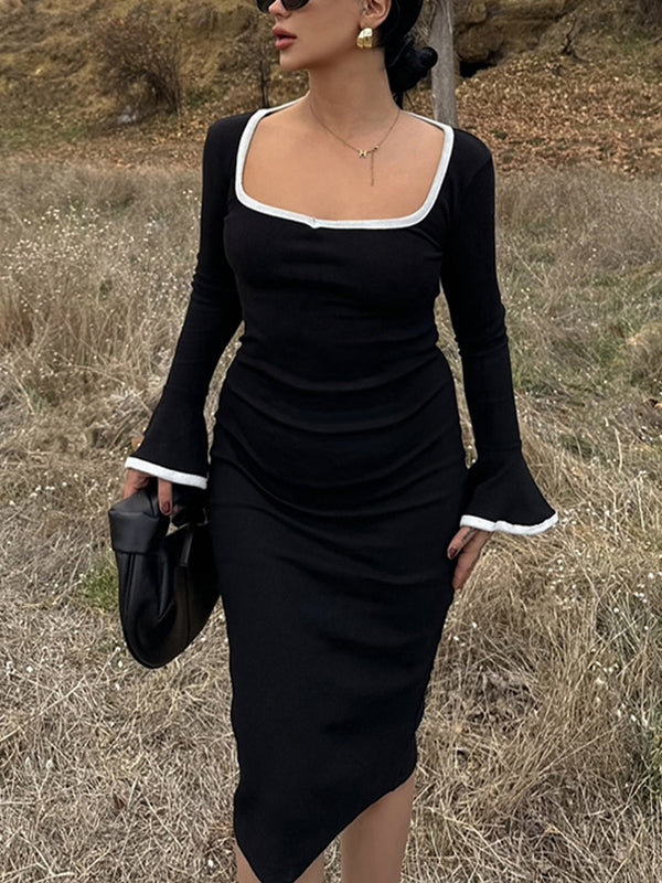Mumsmode Zwangerchaps Midi Fotoshoot Jurken Elegant U-hals Flare Mouw Zwart
