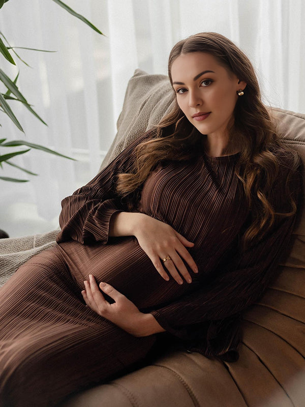 Mumsmode Zwangerchaps Midi Fotoshoot Jurken Elegant Riem Gekreukt Flare Mouw Ronde Hals Bruin