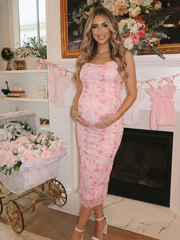 Mumsmode Schattige Zwangerschaps Midi Jurk Bloemenprint Tule Spaghettibandjes Geplooid Aansluitende Pasvorm Babyshower