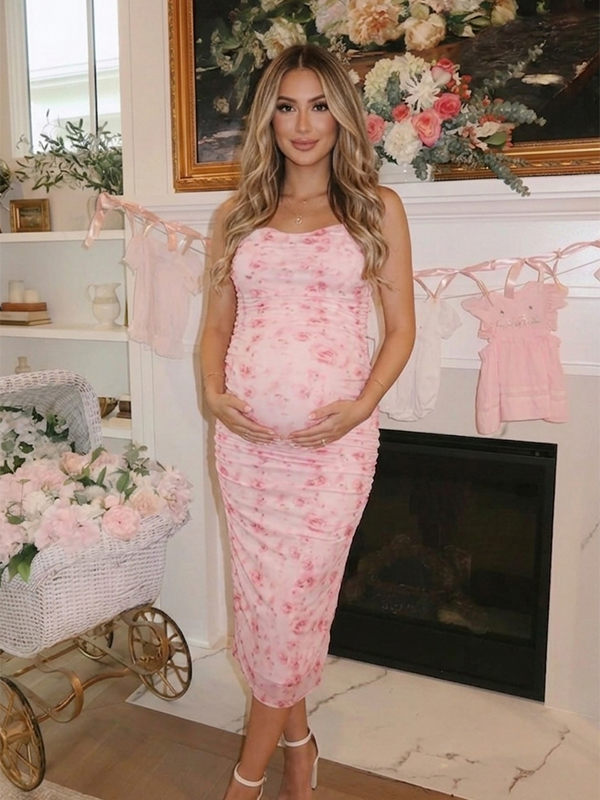 Mumsmode Schattige Zwangerschaps Midi Jurk Bloemenprint Tule Spaghettibandjes Geplooid Aansluitende Pasvorm Babyshower