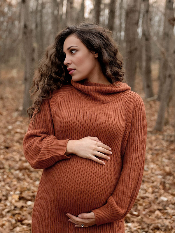 Mumsmode Zwangerchaps Midi Sweater Dagelijks Jurken Breien Polo nek Karamel kleur