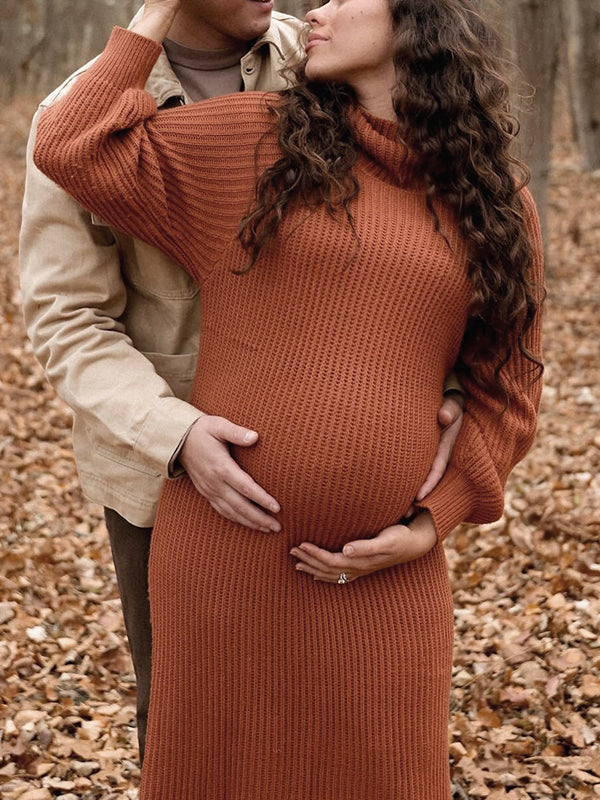 Mumsmode Zwangerchaps Midi Sweater Dagelijks Jurken Breien Polo nek Karamel kleur
