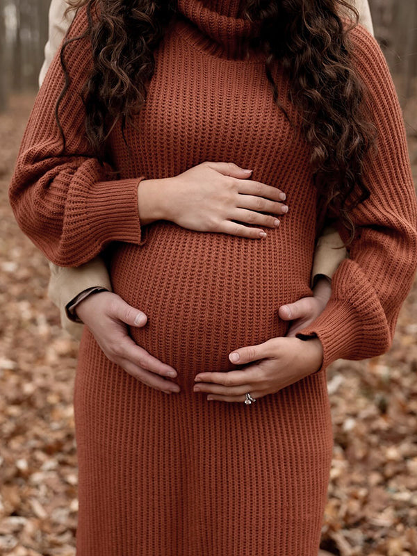 Mumsmode Zwangerchaps Midi Sweater Dagelijks Jurken Breien Polo nek Karamel kleur