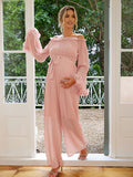 Mumsmode Zwangerchaps Elegant Jumpsuits Riem Geplooid Boot Nek Flare Mouw Roze