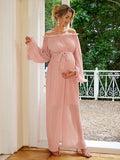 Mumsmode Zwangerchaps Elegant Jumpsuits Riem Geplooid Boot Nek Flare Mouw Roze