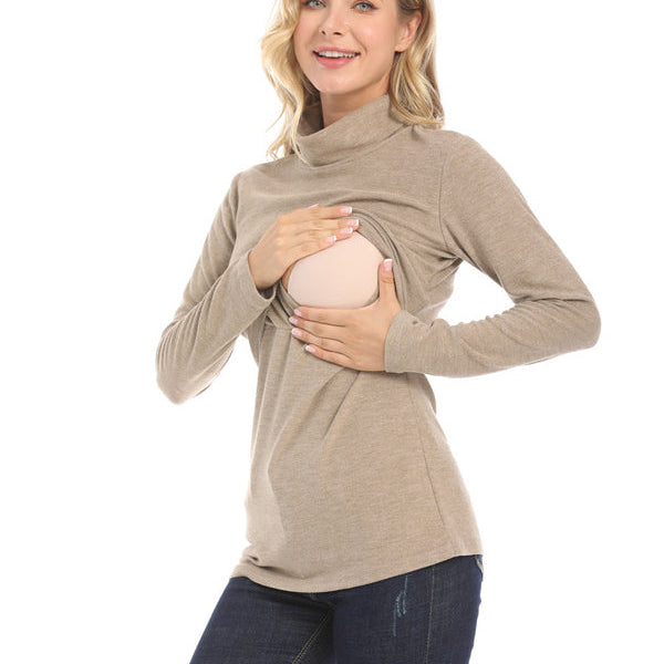 Camel zwangerschaps voedingstop met patchwork design en bodycon pasvorm voor dagelijks gebruik.