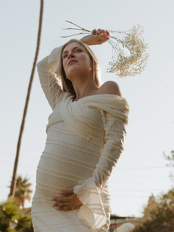 Mumsmode Zwangerchaps Maxi Fotoshoot Jurken Elegant Gekreukt Boot Nek Flare Mouw Wit