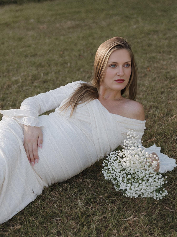 Mumsmode Zwangerchaps Maxi Fotoshoot Jurken Elegant Gekreukt Boot Nek Flare Mouw Wit