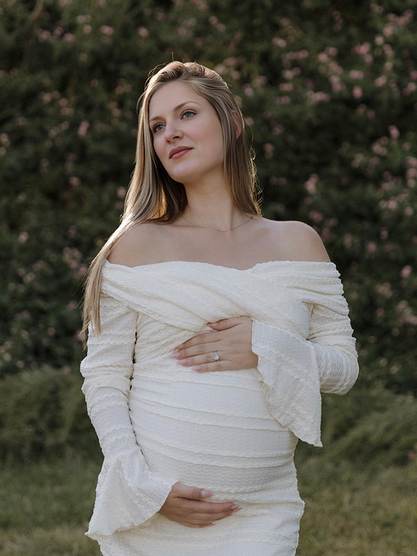 Mumsmode Zwangerchaps Maxi Fotoshoot Jurken Elegant Gekreukt Boot Nek Flare Mouw Wit