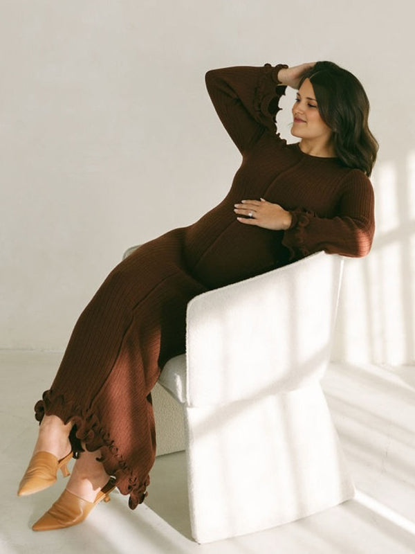 Mumsmode Zwangerschaps Bodycon Jurken Elegant Ceremonie Gebreide Ruches Rugloos Maxi Jurken