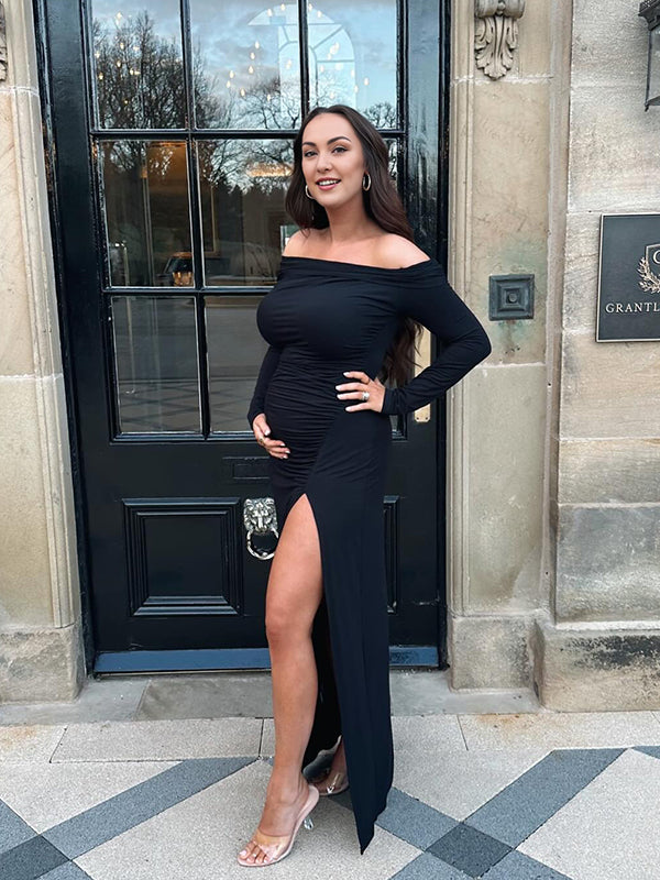 Mumsmode Zwangerschaps Bodycon Jurken Elegant Cocktail Off Shoulder Zijsplit Gekreukt Maxi Jurken