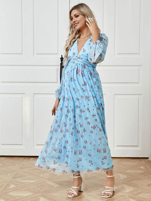 Mumsmode Zwangerchaps Maxi Fotoshoot Jurken Elegant Bloemenprint Tule V-hals Driekwart Mouw Blauw